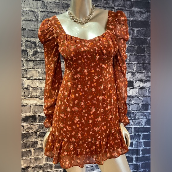Rust Floral Print Long Sleeve Babydoll Dress - Picture 2 of 8